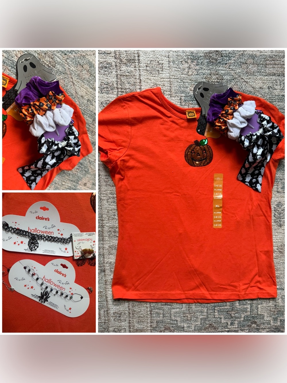 Claire's Orange pumpkin Halloween Tee Sz 14/16  & jewelry hair accessories NWT